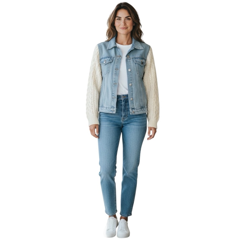 UNIF Urban Outfitters Vici Blue Denim Jacket Cream Cable Knit Sleeves Size L - Picture 2 of 13